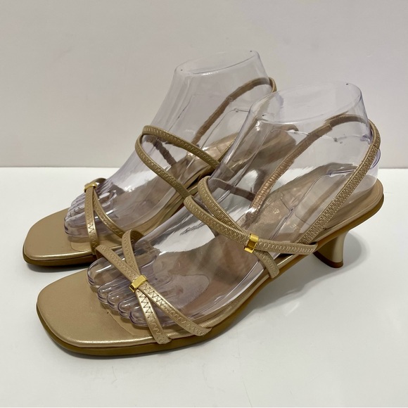 Stuart Weitzman Shoes - Stuart Weitzman Mid-Heel Square Toe Gold Heels With Elastic Straps Size 9